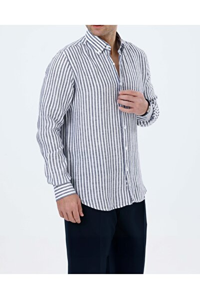 TerziAdemAltun Italian Style Slim Fit Men's Linen Tie Collar Striped Shirt Na...