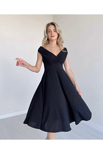 Livizmir Moda   فستان كريب نسائي بأكمام قصيرة وياقة مزدوجة الصدر