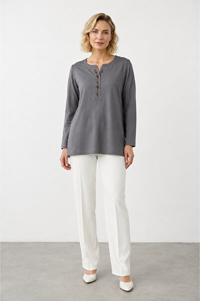 bihan store Women's Long Sleeve Collar Embroidered Blouse Y26-2160 - Gray