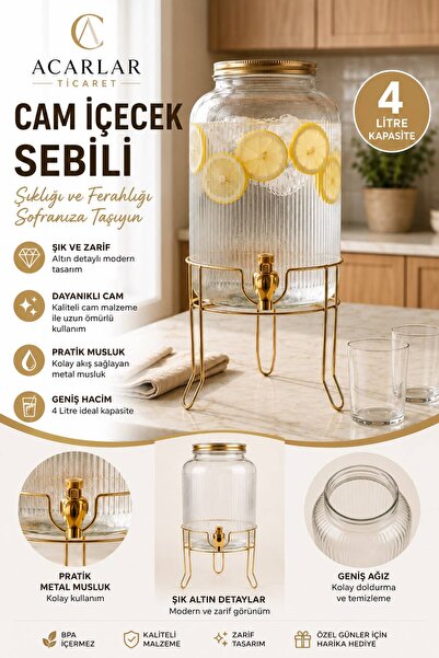 Acarlar Ticaret 4 Litre Gold Detaylı Cam Sebil Metal Standlı