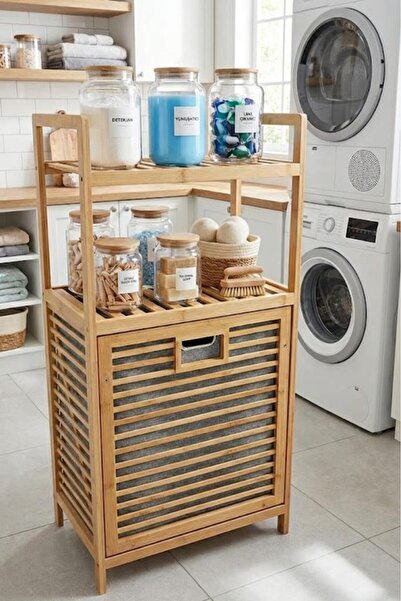 Atbyhome Bambu Dikey Çamaşır Sepeti Raflı Çamaşır Sepeti 40x30x95 Cm - Jw 22190