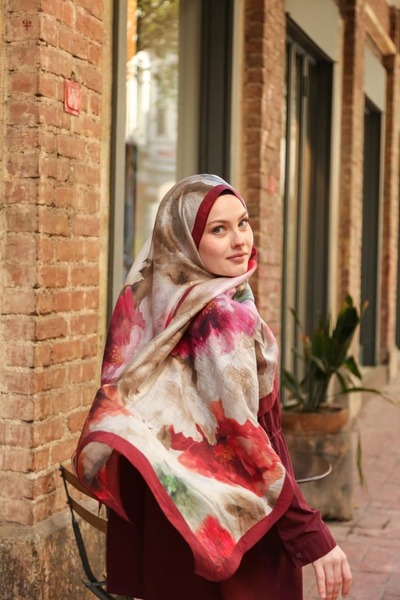 ENRİCO FERRİ Allure Abstract Floral Pattern Tencel Shawl - Burgundy Multicolor