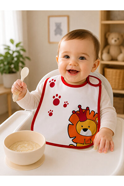 imajbebe Waterproof Baby Bib with Lion Pattern White Red Orange