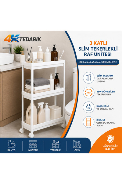 4K TEDARİK 3 Katlı Slim Tekerlekli Banyo-Mutfak Rafı | Çok Amaçlı Mutfak Rafı...