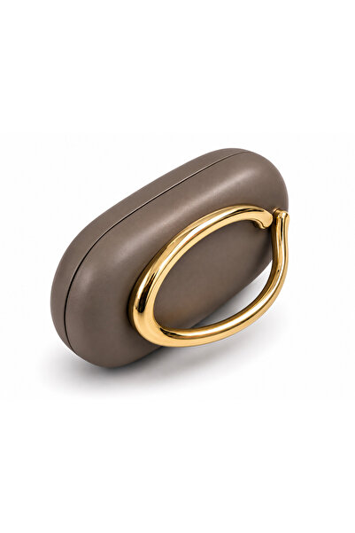 Mirel çanta OVAL FORMLU GOLD AKSESUARLI CLUTCH MAT ÇANTA KOYU VİZON