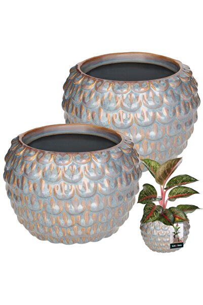KOTARBAU 2 buc. Ghiveci artistic de flori 17 cm, gri, ceramic vintage cu aspe...