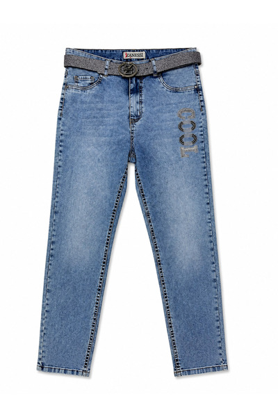 ZANESSİ FASHION Plus Size Belted Lycra Stoned Denim Women's Trousers