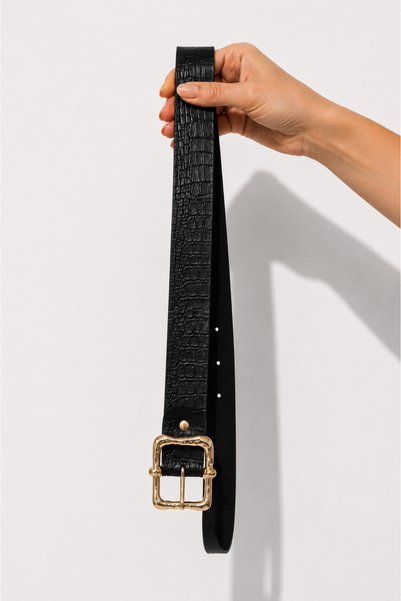 ZÉRIA Women's Black Crocodile Patterned Faux Leather Belt with Gold Zamak Buckle, Casual & Classic Belt