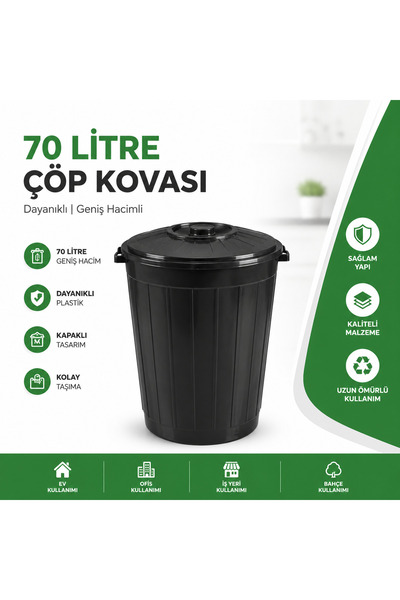 LİDERAMBALAJ07 70 Litre Kapaklı Çöp Kovası Plastik Çöp Kovası Büyük Boy Dayan...