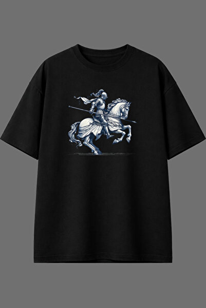 VSRN Tricou oversize negru cu imprimeu frontal, design Cal cu Suliță