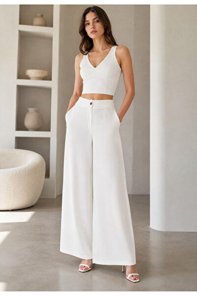 exxitcollection Elastic Waist Women's White Trousers with Wide Legs and Non-S...