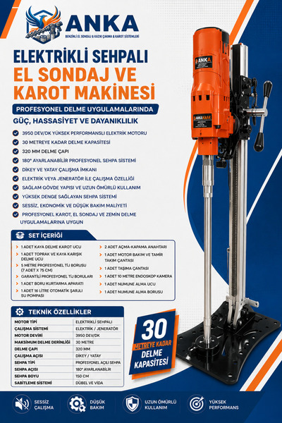 anka hilti karot ELEKTRİKLİ SEHPALI AÇILI KAROT VE EL SONDAJ MAKİNESİ SETİ