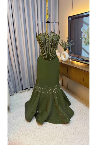 To Be Olive Green 2 Piece Dress Set Beaded Embroidered Vest and Crepe Skirt w...