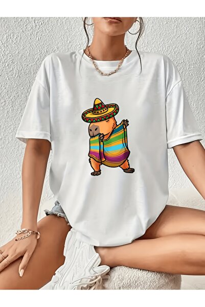 En22 White Minimalist Style Cute Capybara Print Short Sleeve Round Neck T-Shirt