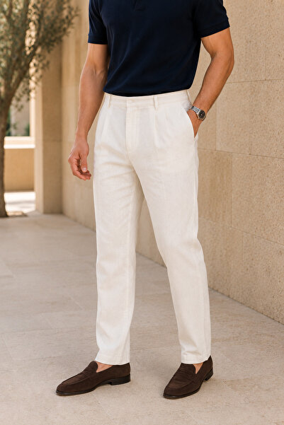 Polo State Men's Regular Fit Linen Textured Double Pleated Summer Trousers - ...