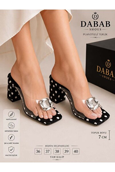 dabab shoes شبشب نسائي من RODIN بشريط شفاف ومشبك حجري ونقشة منقطة ومقدمة مربع...