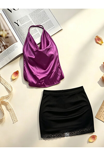 Shengzhou Jinshen Tie Satin Halter Cowl Neck Crop Top & Lace Trim Bodycon Min...