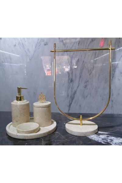 best side Bej Mermer Banyo Seti 4lü Ve Bej Mermer Gold Detaylı Havluluk