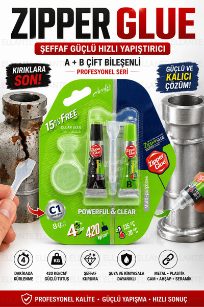 ellante Zipper Glue Şeffaf Çift Bileşenli Güçlü Yapıştırıcı 8 Gr A+B Hızlı Me...