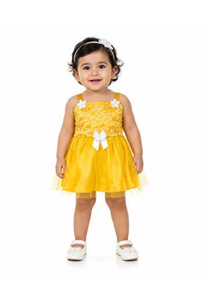 MADE Girls' Dress with Tulle and Satin Straps Decorated with Pearls and Bow