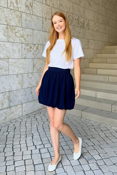 Ricalena Young Girls' Summer Casual Stylish Balloon Skirt Aerobin Fabric Elastic Waist Beige Navy Blue Color Trendy Model