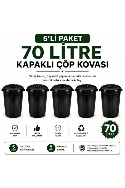 LİDERAMBALAJ07 70 Litre Kapaklı Çöp Kovası 5'li Set | 5 Adet Çöp Kovası + 5 A...