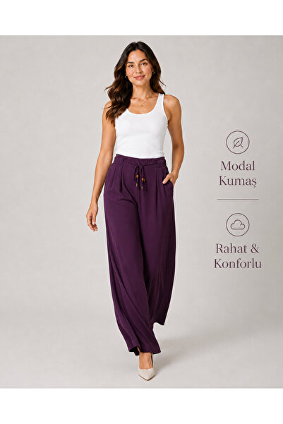 De Carte Women's Modal Fabric High Waist Lace-Up Wide Leg Pants Style Sweatpants
