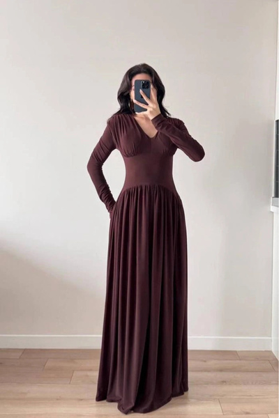 Eka Women's Coffee-Colored Skirt Gathered Flowy Dress 1041-2694