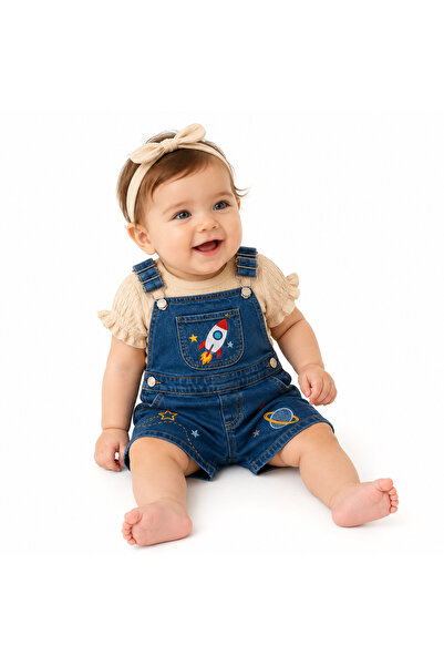 Genericc Girls' Set of Top and Jeans Overalls with Space-Themed Embroidery