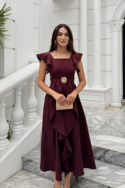 Sindimoda Aydilge Fırfırlı Kemer Detay Midi Elbise 2239