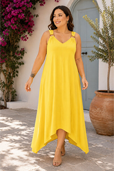 Kokosh moda Women's Ring Strap V-Neck Asymmetrical Cut Plus Size Maxi Dress –...