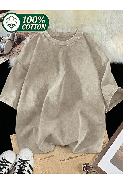 ROVİN Summer Pure Solid Color Loose Drop Shoulder T-Shirt, Round Neck Short S...