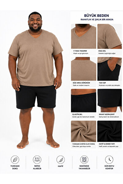 YUYİ Kly V-Neck Modal Cotton Short Sleeve Plus Size Men's Shorts Pajama Set