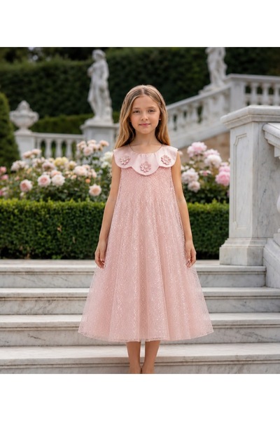 NO BRAND Girls' Long Dress with 3D Flower Collar - Shiny Tulle