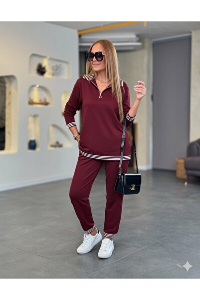 Wear Up Women's Long Sleeve Zipper Stripe Detail Patterned Top and Bottom Two...