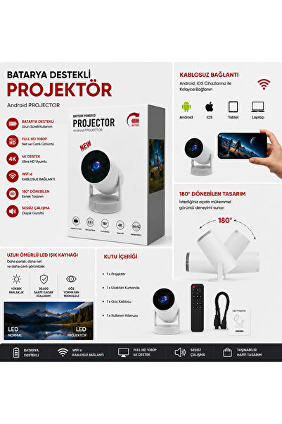 thmz Taşınabilir Android Mini Projeksiyon Cihazı Bataryalı WiFi 6 4K Destekli...