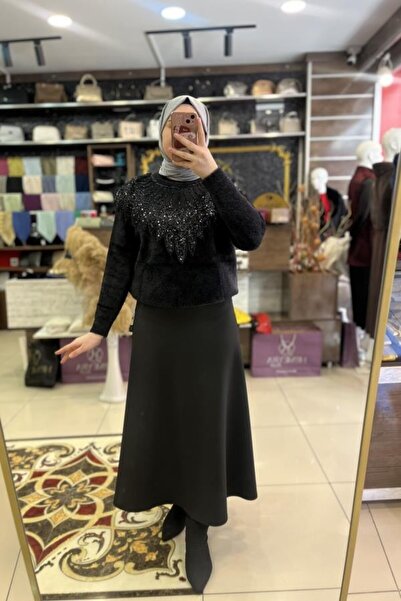 HÜMEYRA BUTİK Angora Sweater with Large Collar, Sequins and Stones