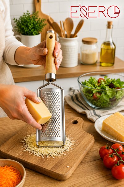 ESERO Steel Kitchen Grater with Wooden Handle Sharp Grater with Ergonomic Grip for Cheese, Lemon, Nutmeg and Chocolate