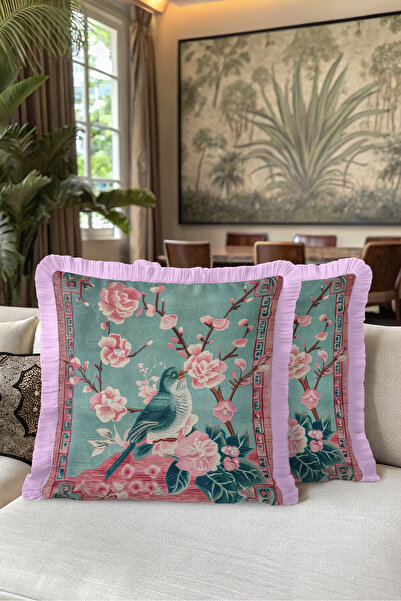 Evimde Bambaşka Exotic Bird Floral Vintage Fringe Pillowcase - Spring Turquoi...
