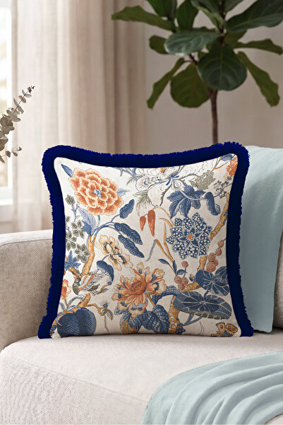 Evimde Bambaşka Birds and Flowers Pattern Fringe Pillowcase - Exotic Botanica...