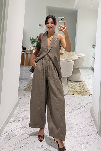 Seda Yalçın Atelier %100 Keten Kahverengi Yelek Pantolon Takım