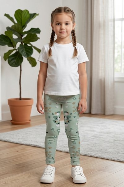 KİAGU Girls' Leggings Green Floral Patterned Stretchy Fabric 100% Cotton Leggings Cotton Casual Leggings 2-13 Years