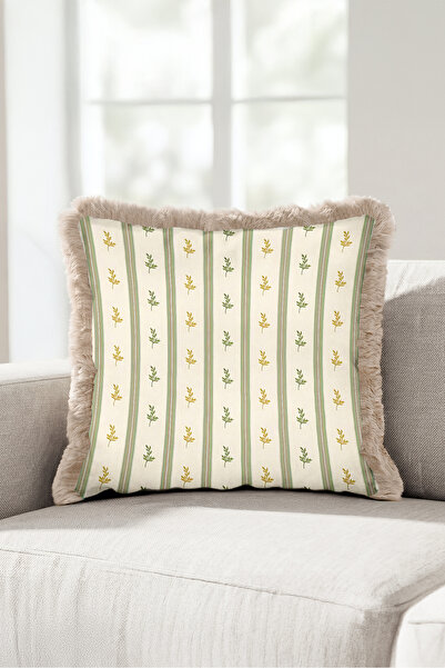 Evimde Bambaşka Elegant Fringed Pillowcase with Striped Leaf Pattern - Botani...