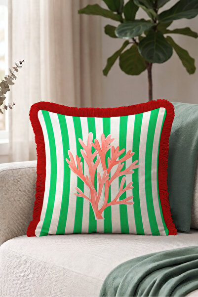 Evimde Bambaşka Marine Themed Coral Design Striped Fringed Pillowcase-Marin T...