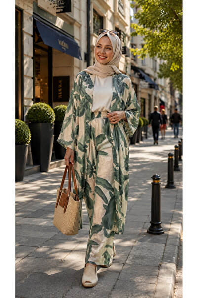 forte bella Colorful-Ethnic Pattern Top-Bottom Trend Hijab Kimono Set