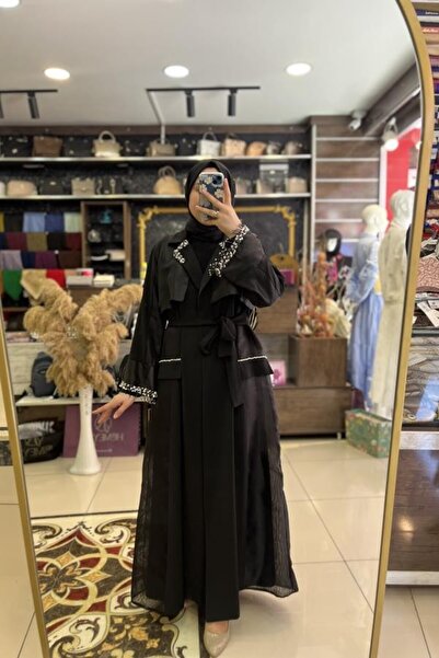 HÜMEYRA BUTİK Collar and Sleeve Ends with Stone Embroidery Detail, Jacket Abaya