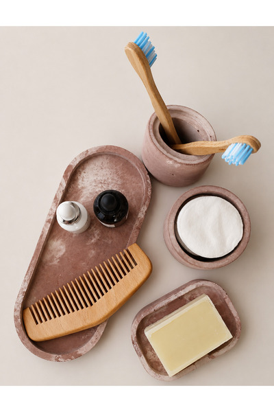 Lazuran Studio Top Bottom Set of 4 Bathroom Accessories with Tray, Toothbrush...