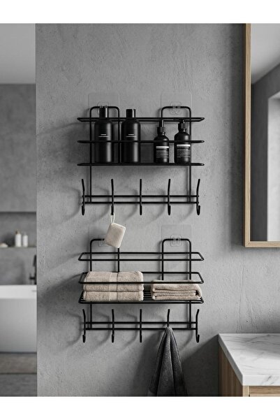 MultiStore Adhesive 2-Piece Bathroom Shelf with 10 Hangers Shower Shelf No-Dr...
