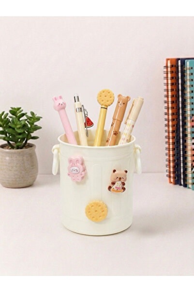 Limmy Desktop Pen Holder Organizer with Cute Stickers - Cream