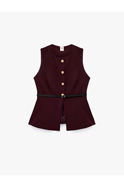 Koton Slim Fit Mücevher Düğmeli Bisiklet Yaka Kemerli Peplum Yelek